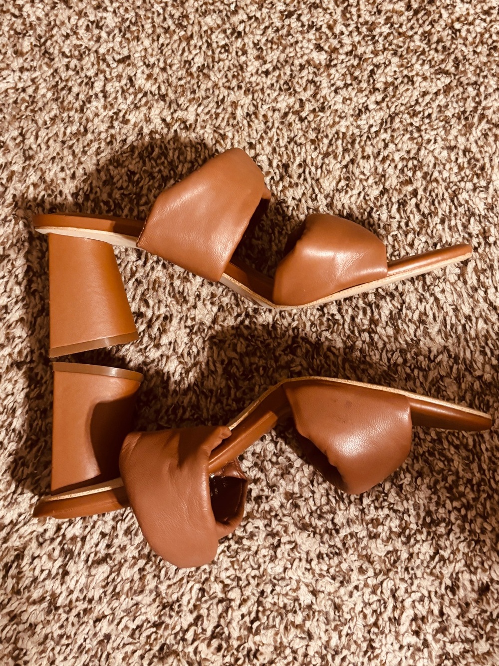 Gianni Bini Tan Brown Double-Band Block Heel Slide Sandals Comfy Leather Summer